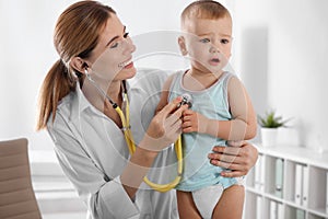 Children`s doctor examining little boy with stethoscope