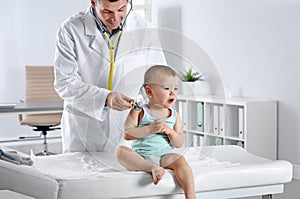 Children`s doctor examining little boy with stethoscope in hospital.