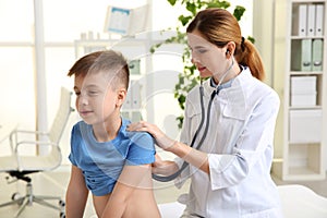 Children`s doctor examining patient with stethoscope