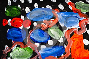 In the children`s drawing, abstraction. on black blue green red white. gouache. vertical