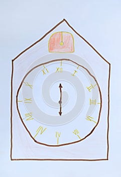 Children`s drawing: alarm clock showing six o `clock. It`s time to do something concept