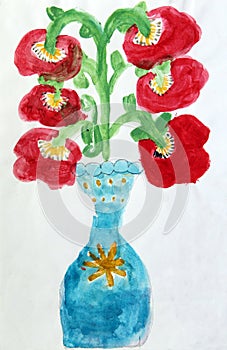 Children`s drawing with bouquet of poppy flowers in vase