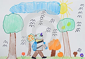Children`s drawing: a boy with a bag goes to school through the autumn park. Back to school concept