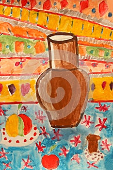 Children's drawing with brown old pitcher