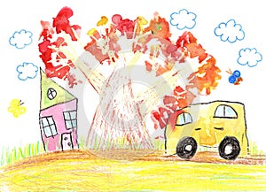 Children`s drawing of the car, country house