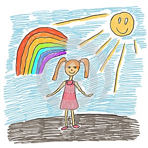 Children's drawing with felt-tip pens girl tree rainbow and sun