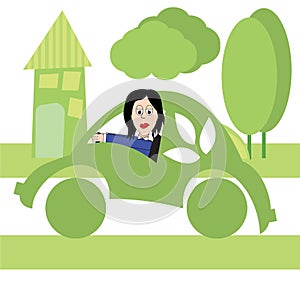 Children`s drawing of a green electric car with a girl driving around the city.