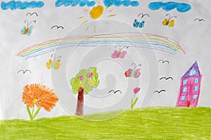 Children's drawing of house, flowers and rainbow