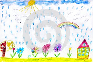 Children's drawing of house flowers and rainbow