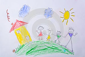 Children`s drawing My Happy Family . The concept of child psychology.