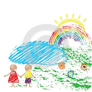 Children s drawing pencil with the image of children and the rainbow. Vector