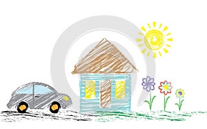 Children s drawing pencil with a picture of a house, a car. It can be used as a background, wallpaper, for decoration