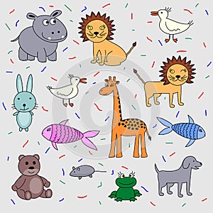 Children`s drawing set of animals. Hippopotamus, lion, dog, fish, bird, bear cub, giraffe, frog, rabbit