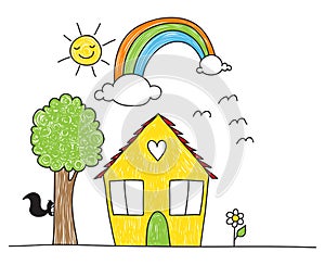 Children`s drawing style house and surroundings