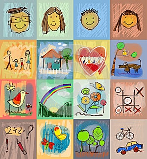 Children's Drawing Styles. Symbols set with human family