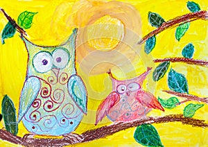 Children`s drawing. Two owls sitting on branch
