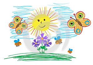 Children`s drawings of insects, the sun and flowers. The child draws summer