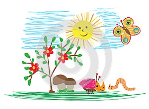 Children`s drawings of insects, the sun and flowers. The child draws summer photo