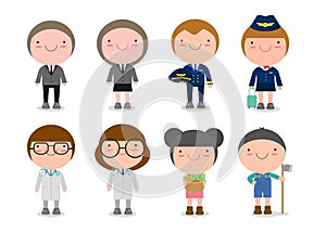 Children`s dream jobs, professions in dream for kids, Happy children in work wear. Vector illustration.