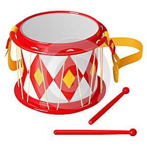 Children`s drum with chopsticks, bright red and yellow