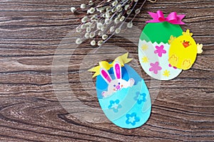 Children`s easter egg gift with toy chicken and easter bunny. Handmade.