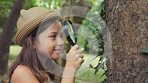 Children's education and curiosity. Portrait of cute little girl in a straw hat looks at the tree bark through a