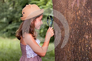 Children& x27;s education and curiosity. Portrait of cute little girl in a straw hat looks at the tree bark through a