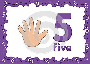 Children's educational cards with numbers. Flashcards finger counting. Kid's hand showing the number five by fingers