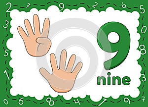 Children's educational cards with numbers. Flashcards finger counting. Kid's hand showing the number nine by fingers