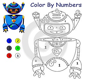 Children`s educational game. coloring by numbers. robot flying blue. children`s coloring book.