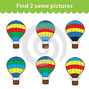 Children's educational game. Find two same pictures. Set of air balloon for the game find two same pictures. Vector illustrat