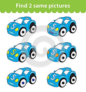 Children's educational game. Find two same pictures. Set of car toy for the game find two same pictures. Vector illustration.