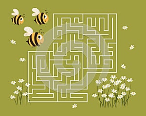 Children\'s educational maze with funny bees and daisies. Educational illustration for preschoolers, print