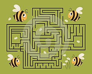 Children\'s educational maze with funny bees and daisies. Educational illustration for preschoolers, print vector