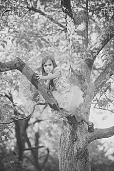 Children`s emotions. Fashion child in fashionable dress hide on tree, secrecy