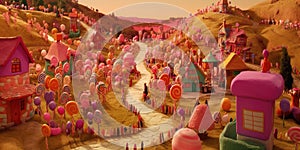 Children\'s fantasy world of sweets. Magic village of gingerbread houses, lollipops trees and other sweets. Generative AI