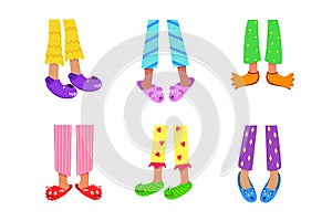 Children`s feet in colored pajamas and funny slippers. Vector illustration of home sleeping clothes and shoes. The concept of a