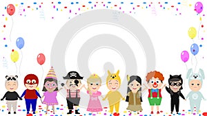 Children`s festive background. Children in different carnival co