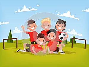 Children's football team. Boys playing football outdoors. Vector