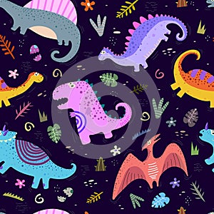 Children`s funny seamless pattern. Vector with colorful cute dinosaurs, decorative elements. hand drawing.