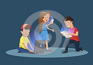 Children`s gadget dependence. Kids with electronic devices. Cartoon vector illustration, isolated on dark blue.