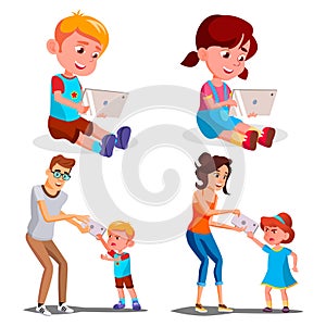 Children s Gadget Dependence Vector. Father, Mother Takes Smartphone From Daughter. Internet Addiction. Modern