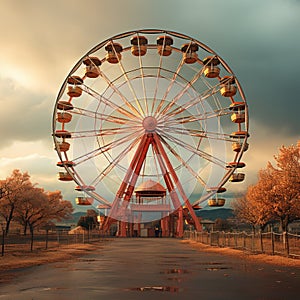 Children\'s game Ferris wheel with a classic and artistic color concept on a mountain background