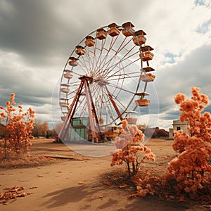 Children\'s game Ferris wheel with a classic and artistic color concept on a mountain background