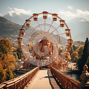 Children\'s game Ferris wheel with a classic and artistic color concept on a mountain background