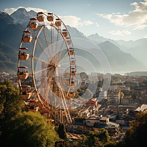 Children\'s game Ferris wheel with a classic and artistic color concept on a mountain background