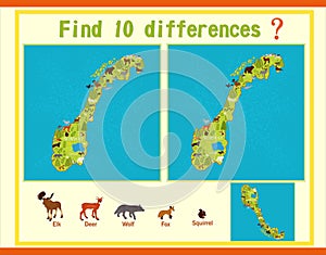 Children`s game find the difference on the map of Norway