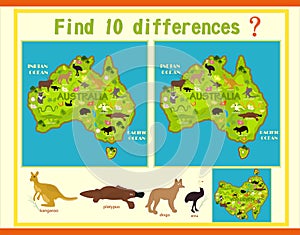 Find the difference on the map of Australia with the animals photo