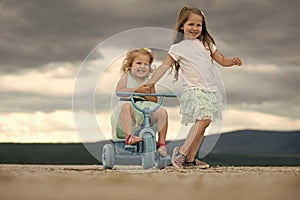 Children`s games. Children playing in mountain