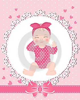 Children\'s greeting card with a cute baby girl on a lace template with a bow and hearts. Newborn design